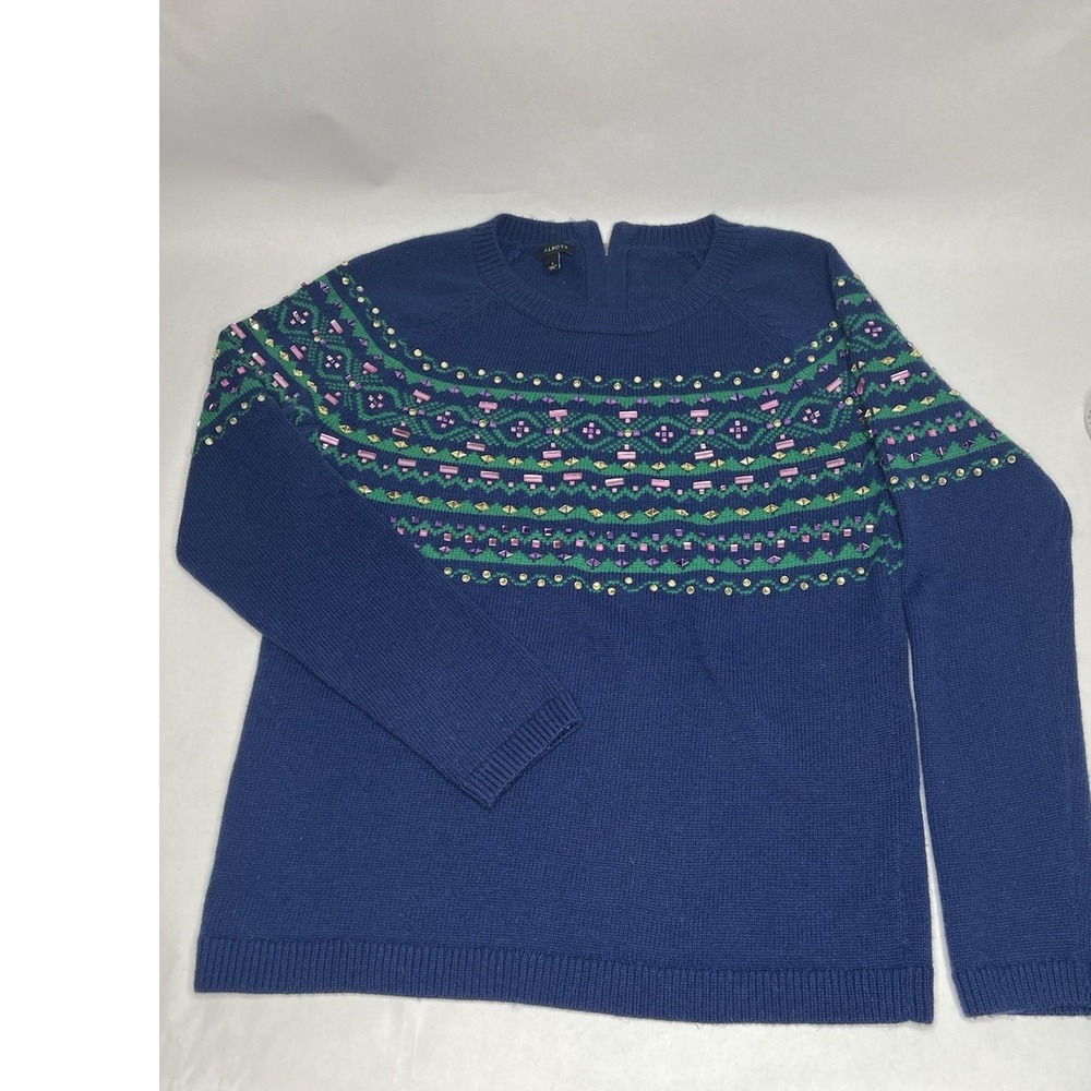 Talbots Vibrant Navyblue Fair Isle  sweater with Geometric Design